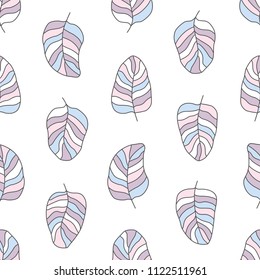 
Drawn different cartoon bird feathers made in different gentle nude colors on white background. Nature elements. Vector abstract seamless pattern.