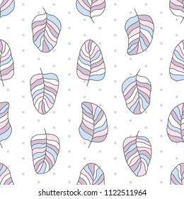 
Drawn different cartoon bird feathers made in different gentle nude colors on white background with polka dots. Nature elements. Vector abstract seamless pattern.
