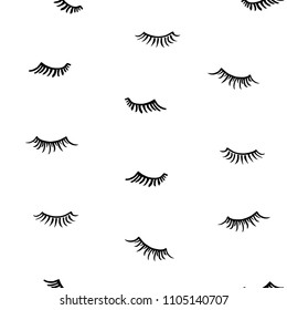 Drawn different cartoon black eyelashes on white background. Makeup beauty vector seamless pattern.