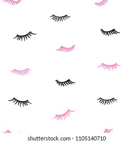 Drawn different cartoon black pink eyelashes on white background. Makeup beauty vector seamless pattern.