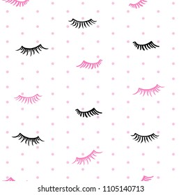 Drawn different cartoon black pink eyelashes on white background with polka dots. Makeup beauty vector seamless pattern.