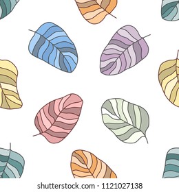 
Drawn different cartoon colorful bird feathers made in different colors on white background. Vector abstract seamless pattern.