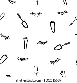Drawn different cartoon mascaras brushes tubes and eyelashes on white background with polka dots. Makeup beauty product. Vector seamless pattern.