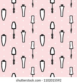 Drawn different cartoon mascaras brushes tubes on pink background with polka dots. Makeup beauty product. Vector seamless pattern.