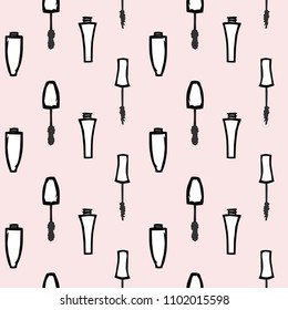 Drawn different cartoon mascaras brushes tubes on pink background. Makeup beauty product. Vector seamless pattern.