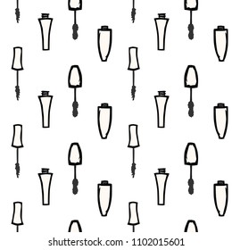 Drawn different cartoon mascaras brushes tubes on white background. Makeup beauty product. Vector seamless pattern.