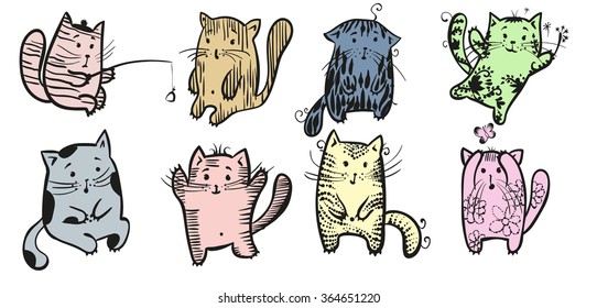 the drawn different eight cats, they  multicolor and decanters