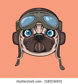 Drawn dog pug in a flight helmet. Colorful dog in vintage helmet with glasses. Cartoon funny clipart of pug in vector isolated on brown background.