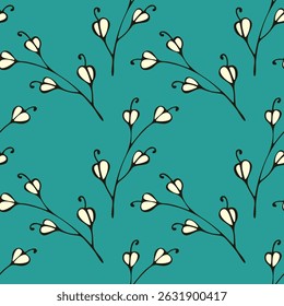 Drawn doodle branches with flowers in shape of heart, bright blue pattern.