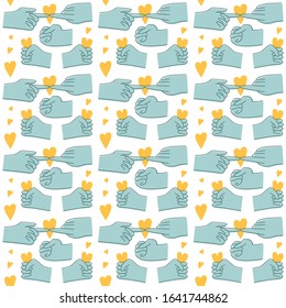Drawn doodle hands with hearts. Vector illustration of gloved hands. Seamless pattern for wallpaper, wrapping, cards with love.