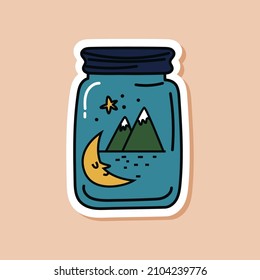 Drawn doodle jar sticker with mountains and a crescent moon inside. Isolated sticker of camping travel. Vector illustration of nature inside a glass jar.