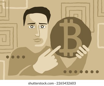 Drawn doodle man with Bitcoin symbol in hands - illustration for investment or exchange of cryptocurrency