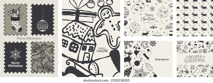 Drawn Doodle Merry Christmas Greeting Card Posters, Xmas invitation template, and patterned background. Decorative Christmas Elements in monochromatic brown colors. For display posters, cards, posters