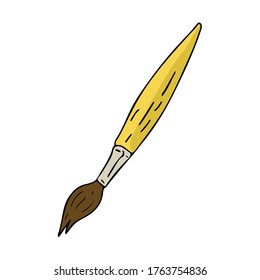 Drawn in doodle style vector illustration of art brush. Stationery for study at school. Vector design element isolated on a white background. Continuous line drawing