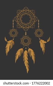 Drawn dream catcher with feathers. Ethnic art with native American boho design, a mysterious symbol. Vector illustration is suitable for posters, postcards, tattoos.