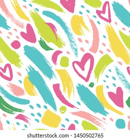 Drawn with a dry brush. Seamless pattern with abstract ornament with hearts.