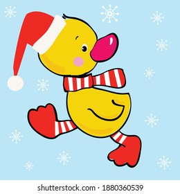 Drawn duckling in red scarf and socks in the snow for christmas and new year