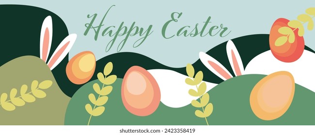 Drawn Easter banner with dyed eggs and bunny ears