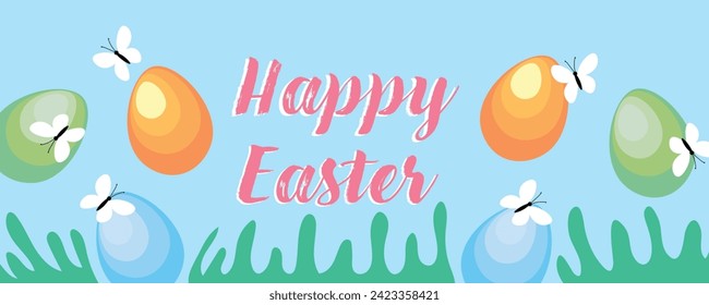 Drawn Easter banner with dyed eggs and butterflies