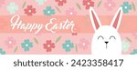 Drawn Easter banner with flowers and cute bunny on pink backgrou