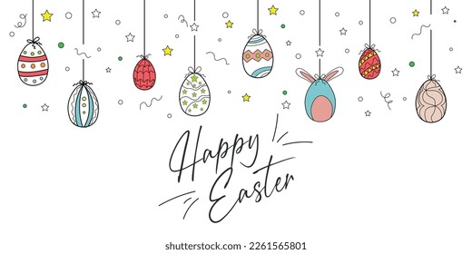 Drawn Easter greeting card with colorful eggs