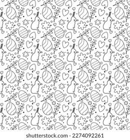 Drawn Easter seamless pattern outlined on a white background, cute doodle eggs and flowers with hearts in a stroke , great for textiles, banners, wallpaper, wrapping vector design