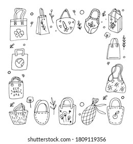 drawn eco bag set. Zero waste bags.Collection of hand drawn bags eco bags shop. black and white.Hand drawn elements of zero waste life in vector. No plastic. Go green/Hand drawn eco bags set