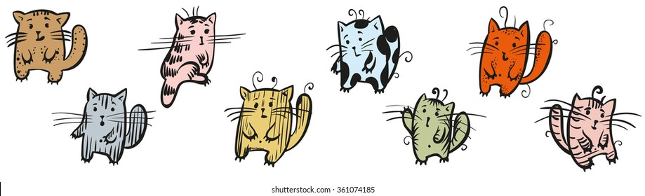 the drawn eight cats of different flowers for use in design