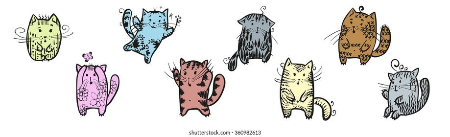 The drawn eight different cats. They different in color, form and graphics of execution