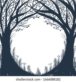 Drawn enchanted forest. Vector black and white frame. Silhouette of trees and grass.