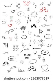 Drawn exclamation, question mark, todo list, symbols, cursor and heart.Simple sketch line style, attention, pattern elements. Vector illustration.symbol set icon