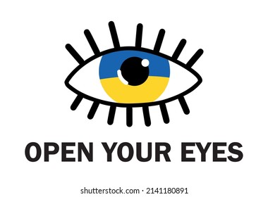 Drawn eye in the colors of the flag of Ukraine. The inscription - open your eyes. Vector logo.