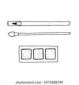 Gezogene Augen Make-up-Zubehör. Kompakter Lidschatten, Lidschattenstift, Lidschattenapplikator. Vektorgrafik isoliert Schwarz-Weiß Doodle Illustration.