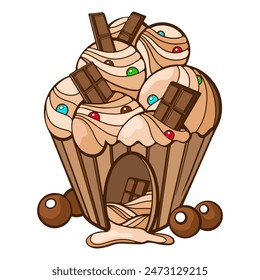  drawn a fabulous sweet cupcake in the shape of a house, with different flavors, chocolate and candies