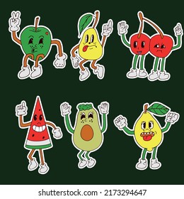 drawn fashion cartoon design of the 70s. Cartoon fruits.Vector set of fruits.