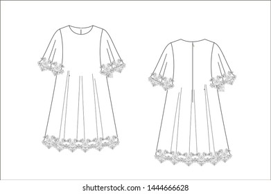 drawn fashion Decorative dress, clothing,  Vector illustration in old ink style for girl kids