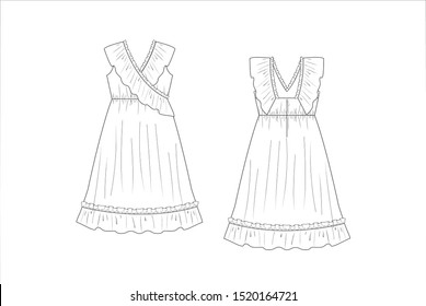 drawn fashion Decorative dress, clothing,  Vector illustration in old ink style for girl kids