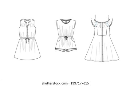 drawn fashion online shop icons set. Decorative icons dress, clothing,  Vector illustration in ink style
