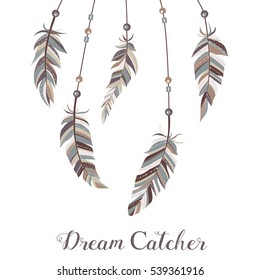 Drawn feathers decorated with beads on strings.