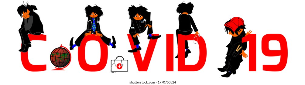 Drawn figures of little men sit on  lettering COVID 19