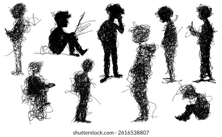 Drawn figures in scribbled, expressive line art showing various postures, transparent background