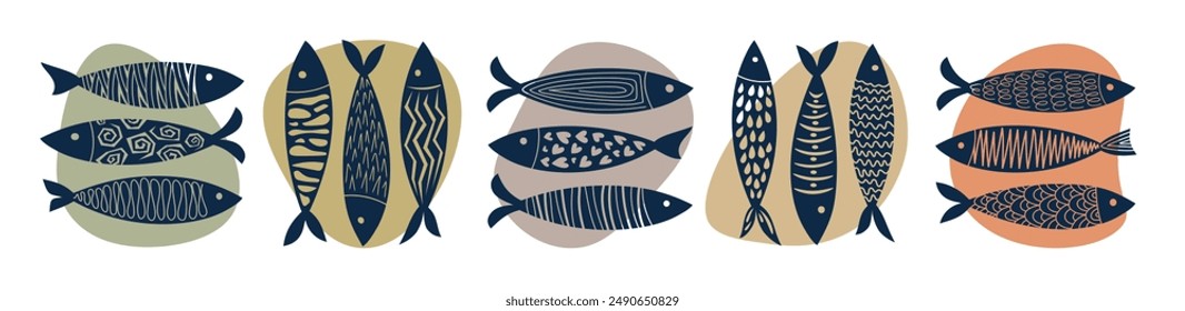 drawn fish in flat style. Fish body, vector icons. Vector illustration for icon, logo, print, icon, pattern, menu, packaging, stickers