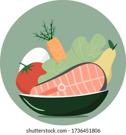 Drawn fish, vegetables and pear in a plate. Conceptual vector about diet and healthy lifestyle.