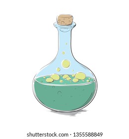 Drawn flask with bright liquid and bubbles. Chemical laboratory. Kids chemistry. Vector illustration.