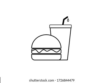 Drawn flat design outline burger and drink icon, icons fast food concept, set meal burger and drink, unhealthy junk food takeaway burger and drink, American food and beverages 