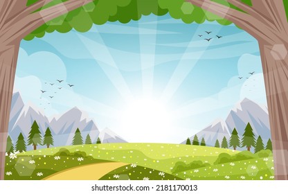 Drawn flat spring landscape background