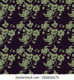 Drawn floral background. Vector seamless floral pattern. Dark. Olive green. A color scheme. Silhouette. Textile print. Flowers. Home textiles.