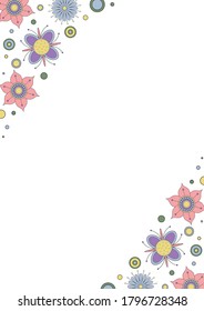 Drawn flowers. Computer graphics. Lilac, blue beautiful flowers on a white background. Design of packaging, fabrics, wallpapers. Lilac and blue flowers with circles. postcard. complimentary 