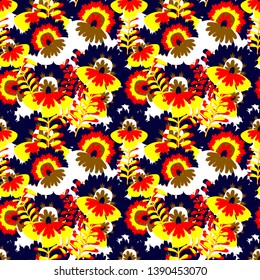 drawn flowers folk style with red and yellow colors on a dark blue background
