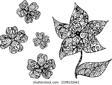 Drawn flowers mandala. Floral pattern. Line art. Artistic plants. India. Indian culture. Eastern motives.